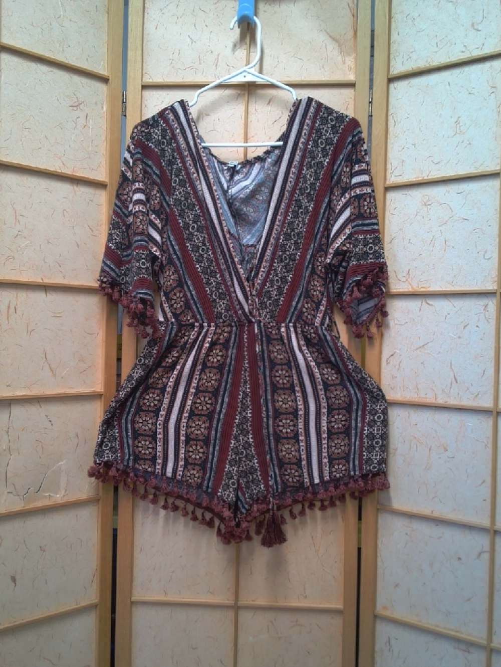Tobi Striped Boho Tassel Romper in Burgundy and Cream Size M